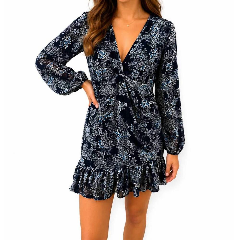 NEW FORE floral burnout velvet long sleeve dress in blue